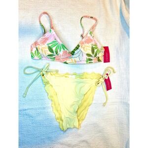 Bralette Tropical Print & Ruffle High Leg Scoop Waist Bikini